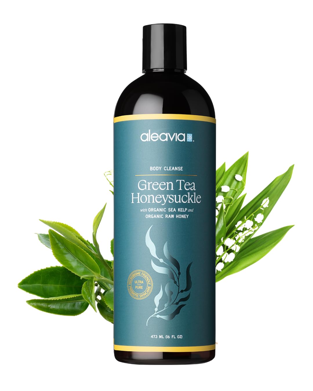 Aleavia front packaging showing green tea honeysuckle scent and organic label benefits