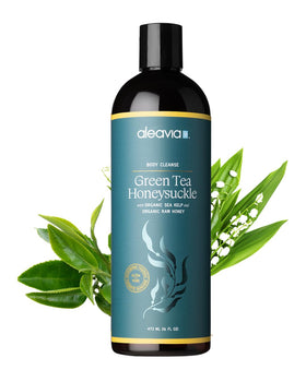 Aleavia front packaging showing green tea honeysuckle scent and organic label benefits