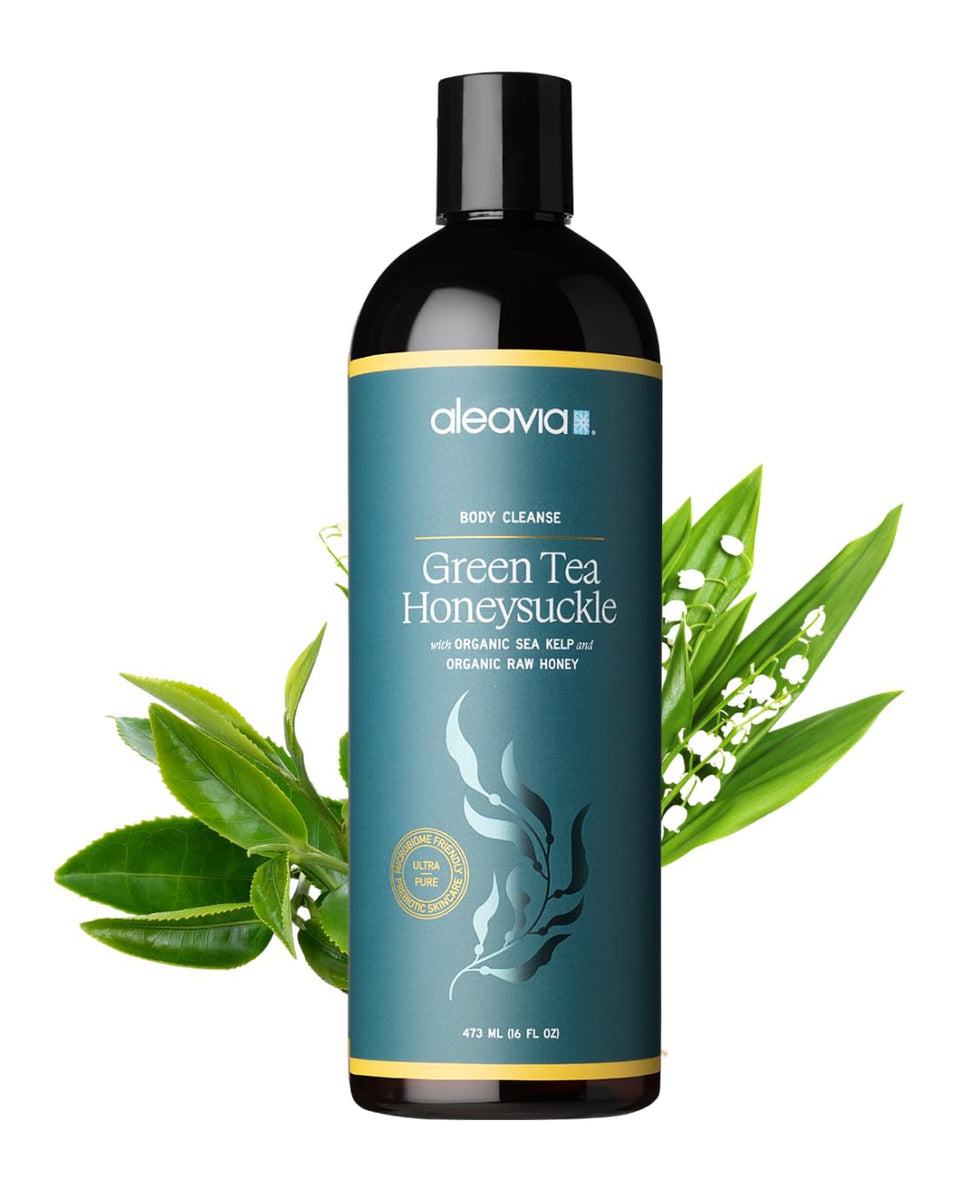 Aleavia front packaging showing green tea honeysuckle scent and organic label benefits
