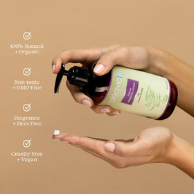 Aleavia applying lotion to forearm to show fast absorption and smoothness