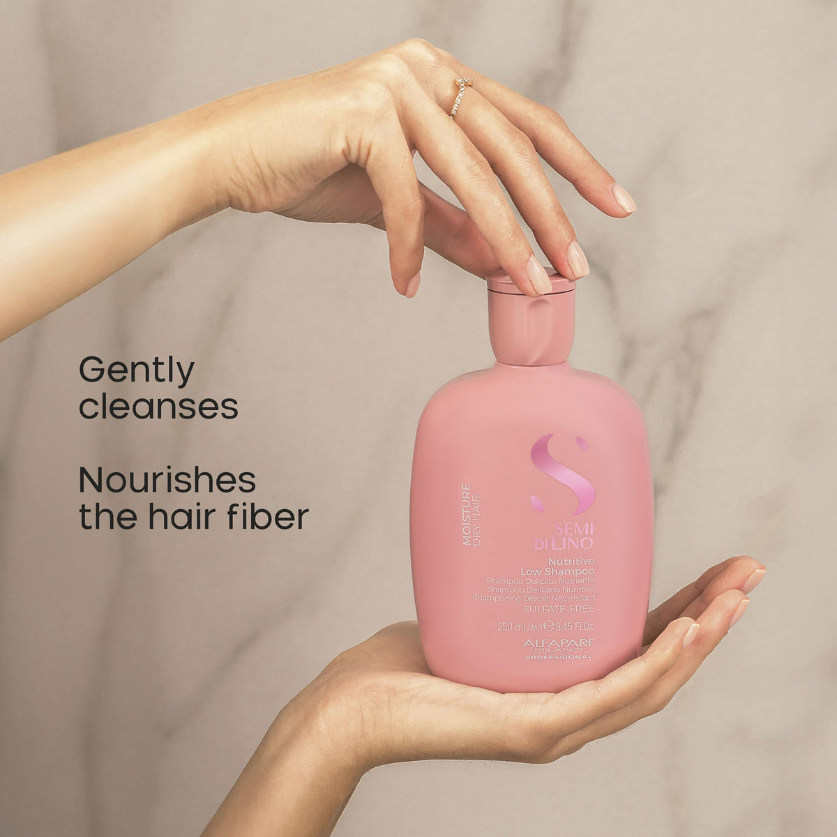 ALFAPARF MILANO back label close-up highlighting ingredient benefits and usage