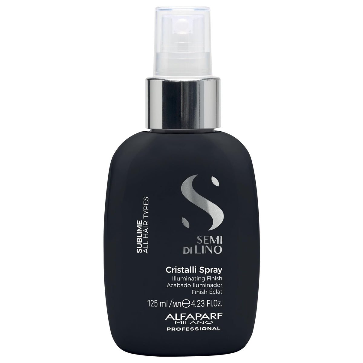ALFAPARF MILANO front packaging of Sublime Cristalli spray showing bottle and label, highlights professional Italian quality