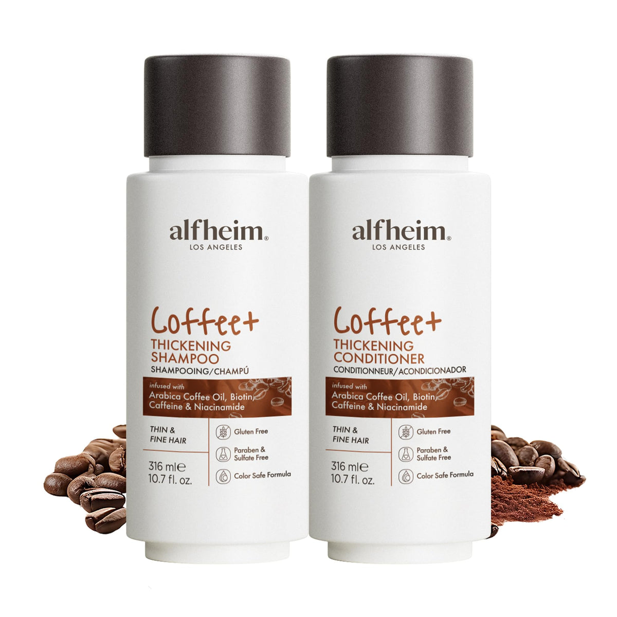 ALFHEIM front packaging showing both coffee hair care bottles and benefits