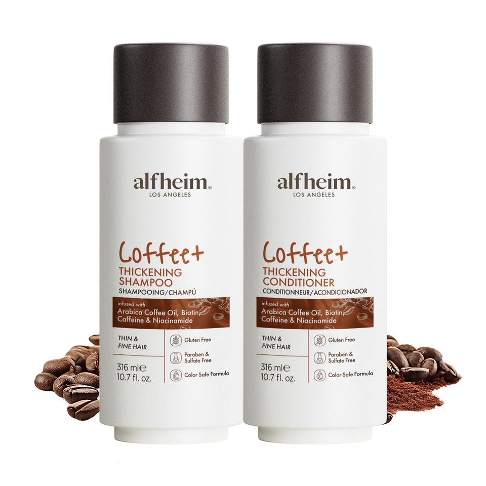 ALFHEIM front packaging showing both coffee hair care bottles and benefits
