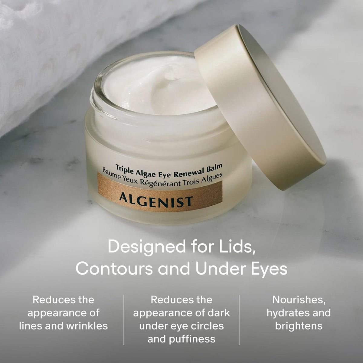 Algenist texture close-up displaying lightweight balm that hydrates delicate skin