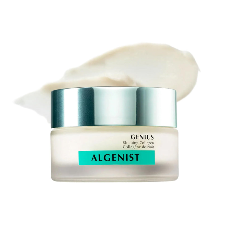 Algenist jar front view showing product and packaging, promotes hydrated morning skin