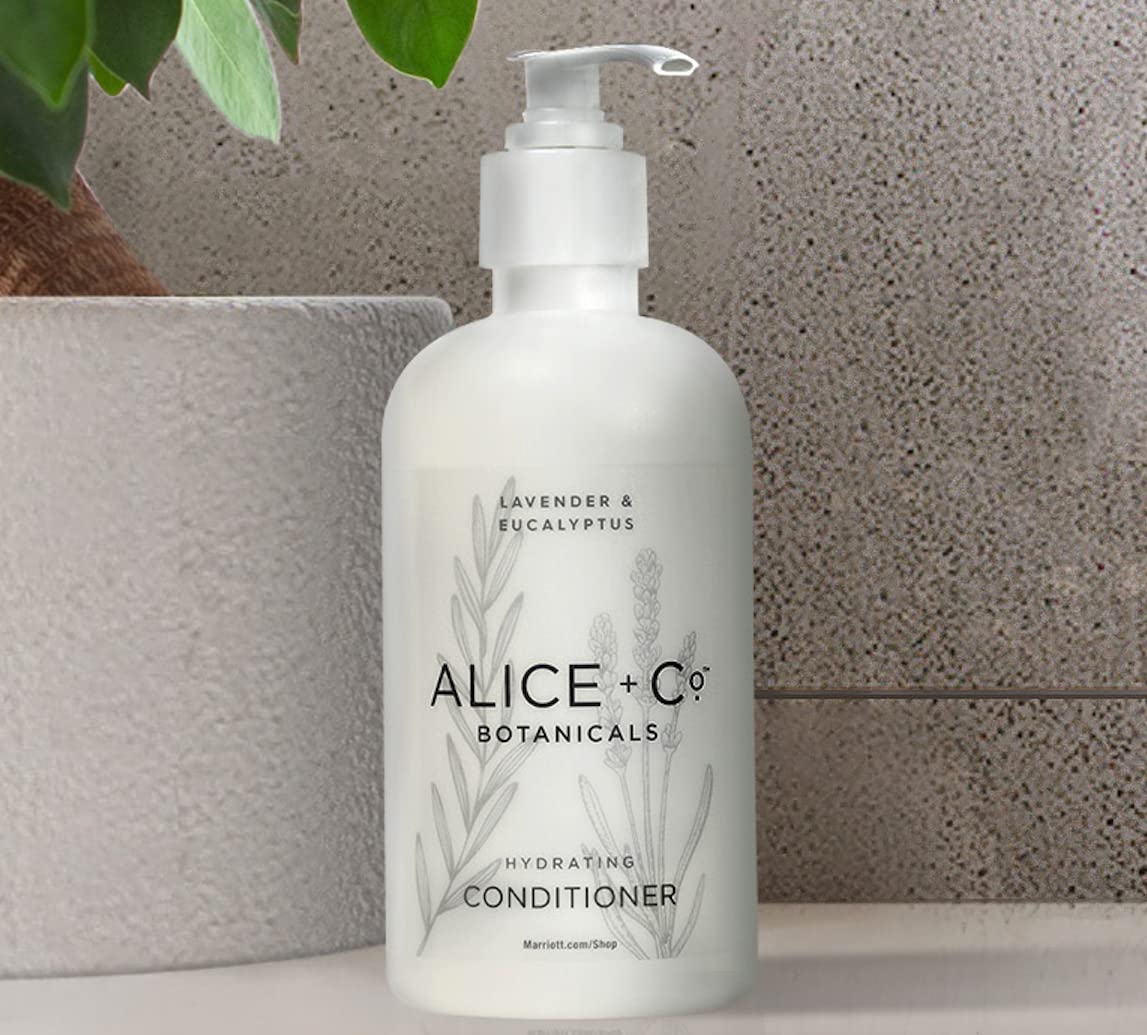 Alice + Co. on bathroom shelf styled to recreate Fairfield by Marriott hotel ambiance