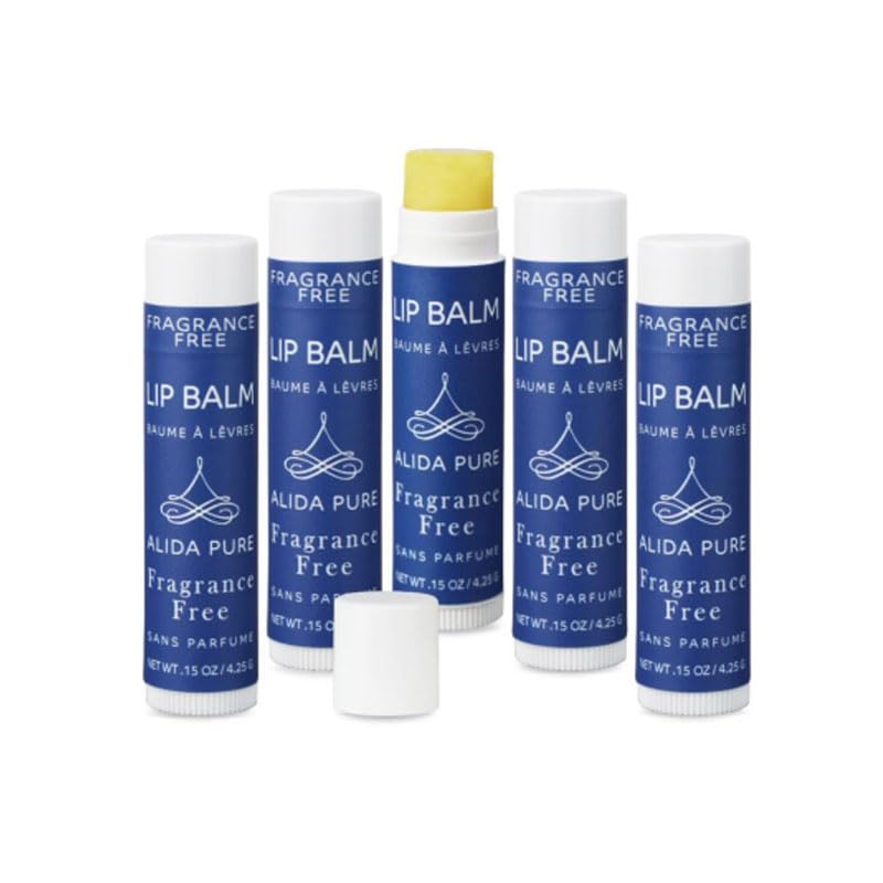 ALIDA PURE front packaging showing five unscented vegan lip balm tubes and eco box benefits