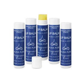 ALIDA PURE front packaging showing five unscented vegan lip balm tubes and eco box benefits