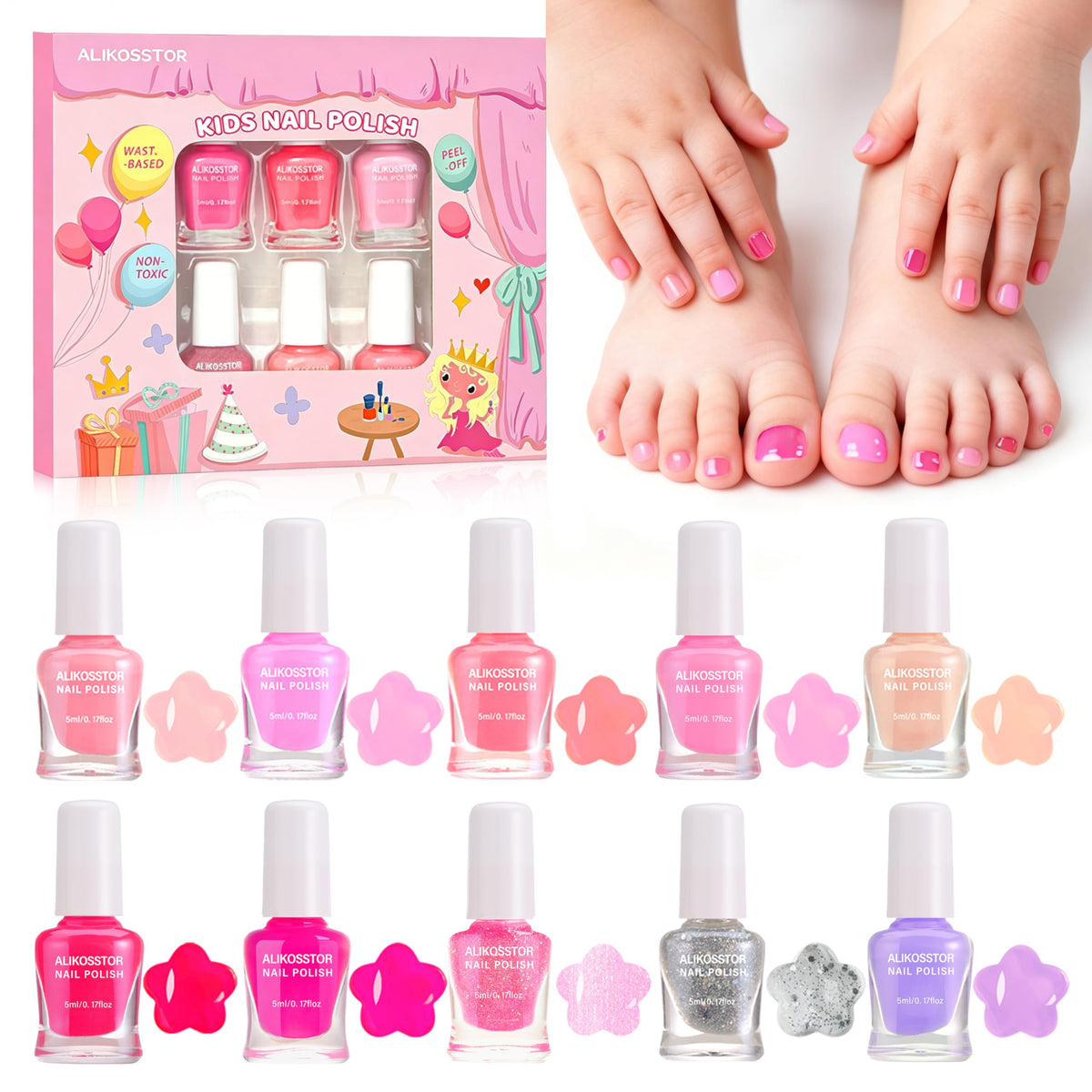 ALIKOSSTOR front packaging showing the 10 pink shades and safe formula benefits