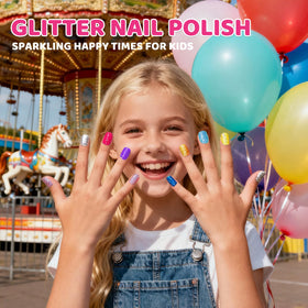 ALIKOSSTOR open kit displaying ten glitter nail polish bottles ready for play