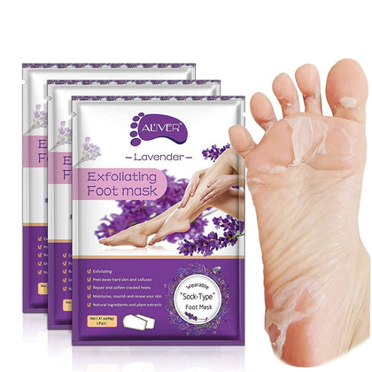 ALIVER front packaging showing three lavender foot peel mask packs for easy storage
