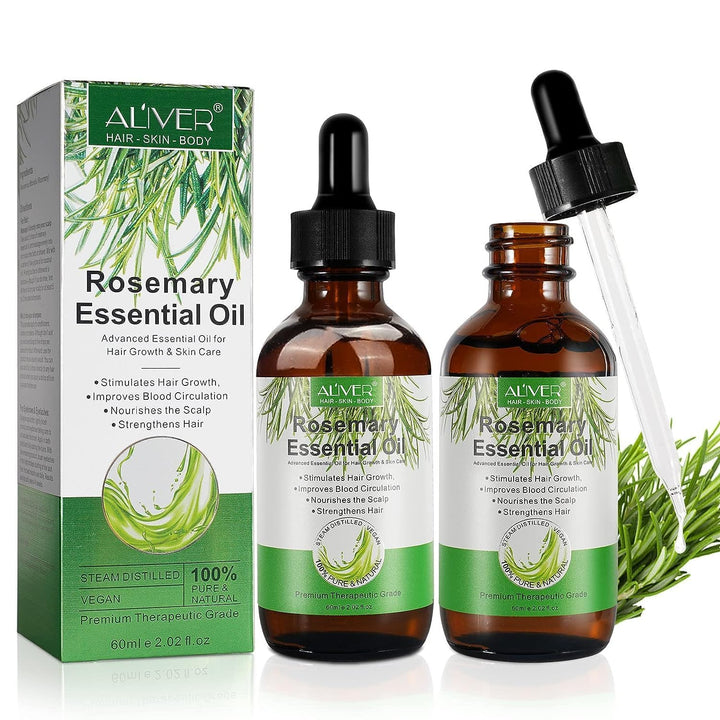 ALIVER rosemary front packaging showing two amber bottles and label benefits
