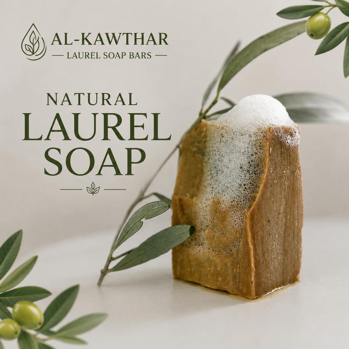 ALKAWTHAR bar beside olive and laurel leaves showing natural ingredients