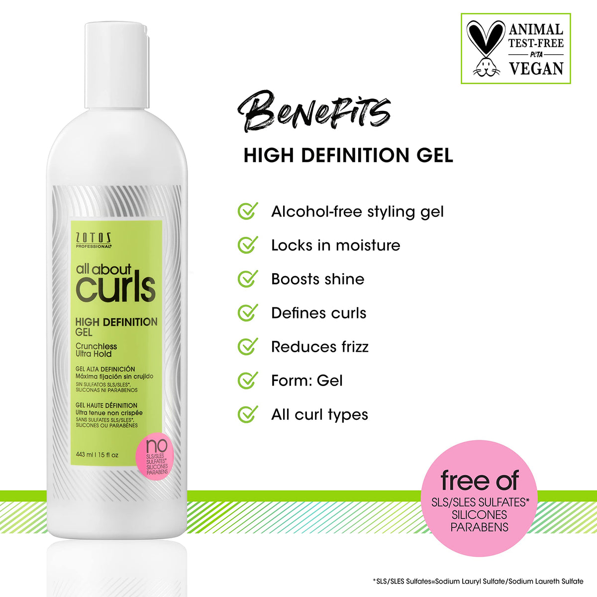 ALL ABOUT CURLS label close-up highlighting ingredients and hold features