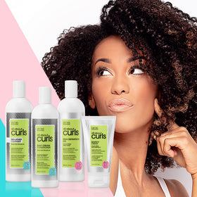 ALL ABOUT CURLS bottle held in hand showing 15 fl oz size and scale