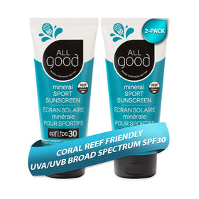 All Good front packaging showing two 3 oz sport sunscreen tubes and SPF label for travel convenience