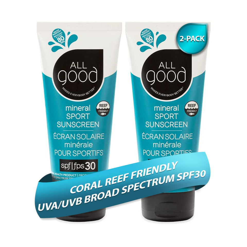 All Good front packaging showing two 3 oz sport sunscreen tubes and SPF label for travel convenience