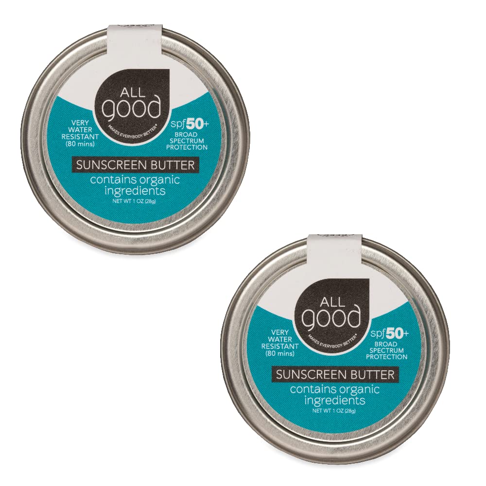 All Good sunscreen front tin showing compact travel packaging and clear protection
