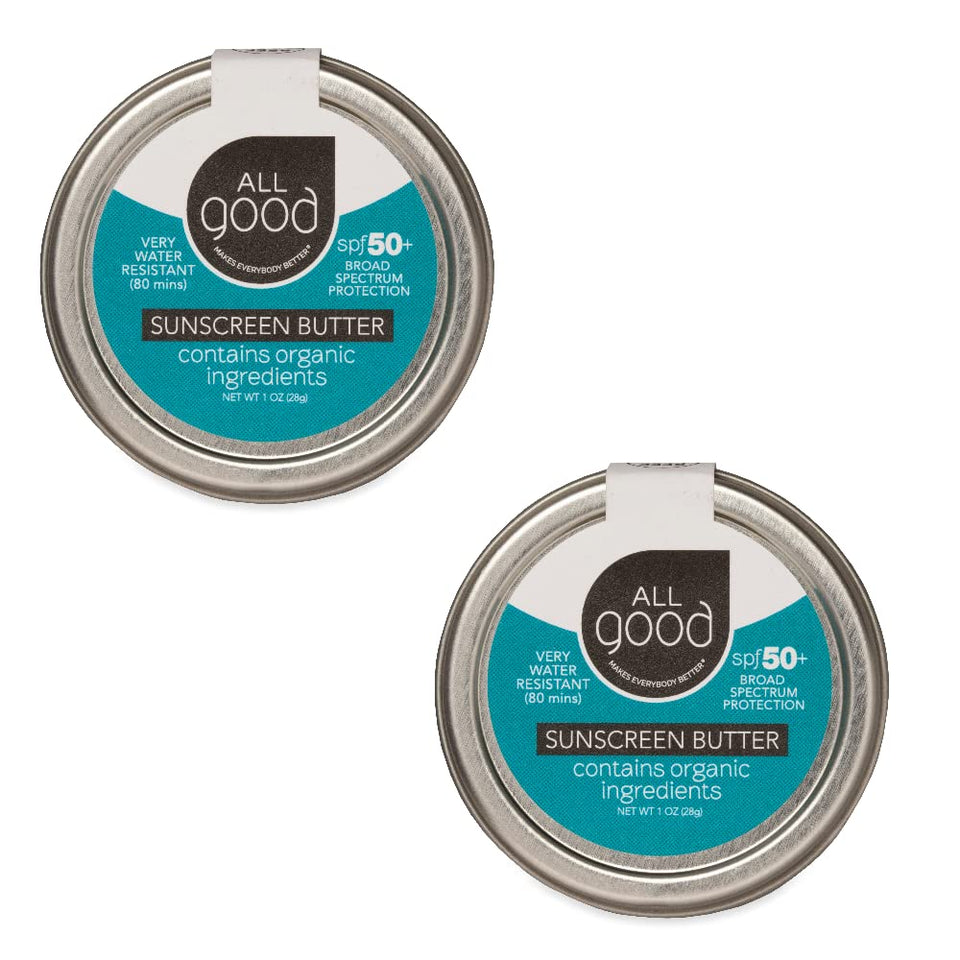 All Good sunscreen front tin showing compact travel packaging and clear protection