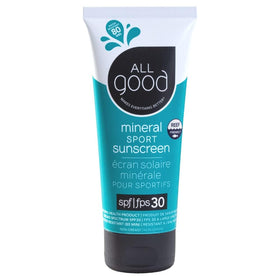 All Good Sunscreen front tube showing SPF and sport benefits