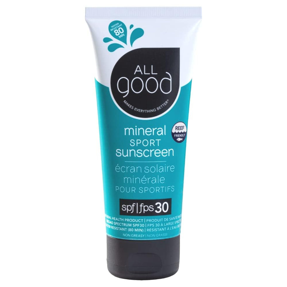 All Good Sunscreen front tube showing SPF and sport benefits
