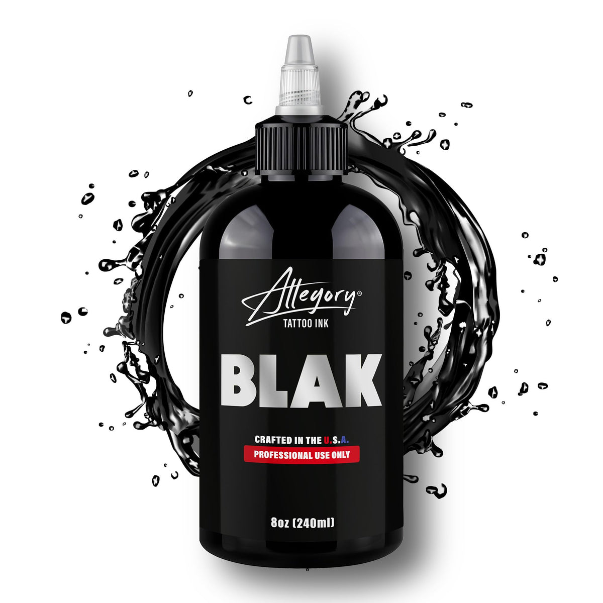 Close-up of Allegory BLAK label highlighting product name and vegan claim for studio confidence