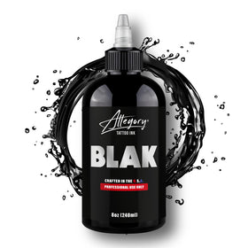 Close-up of Allegory BLAK label highlighting product name and vegan claim for studio confidence