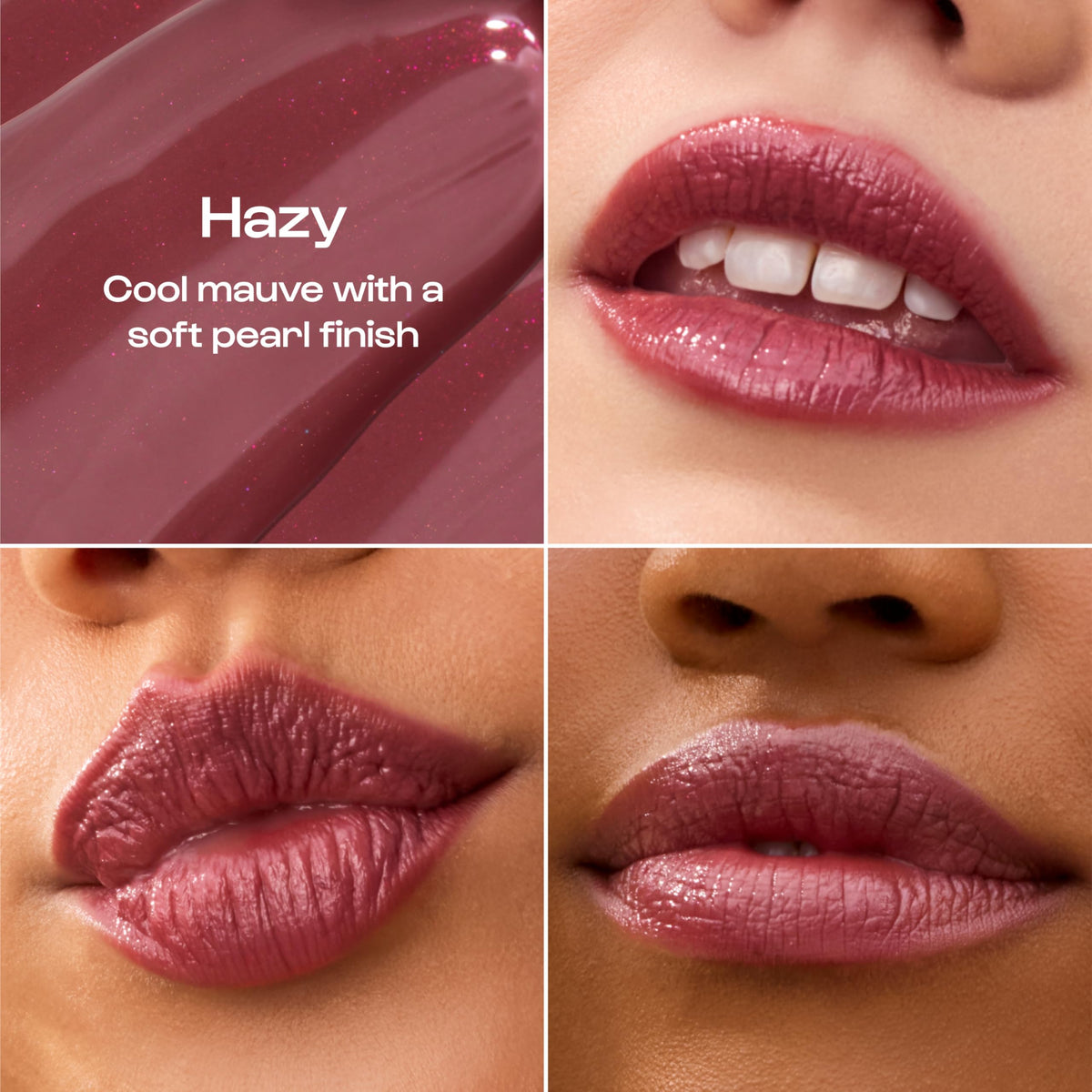 ALLEYOOP lip swatches Hazy and Daylight showing color payoff and shine