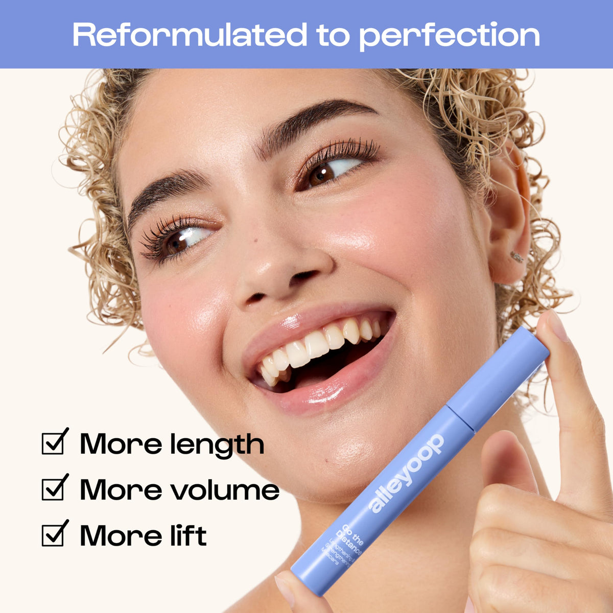alleyoop mascara application on lashes demonstrates lifted, defined length for natural finish