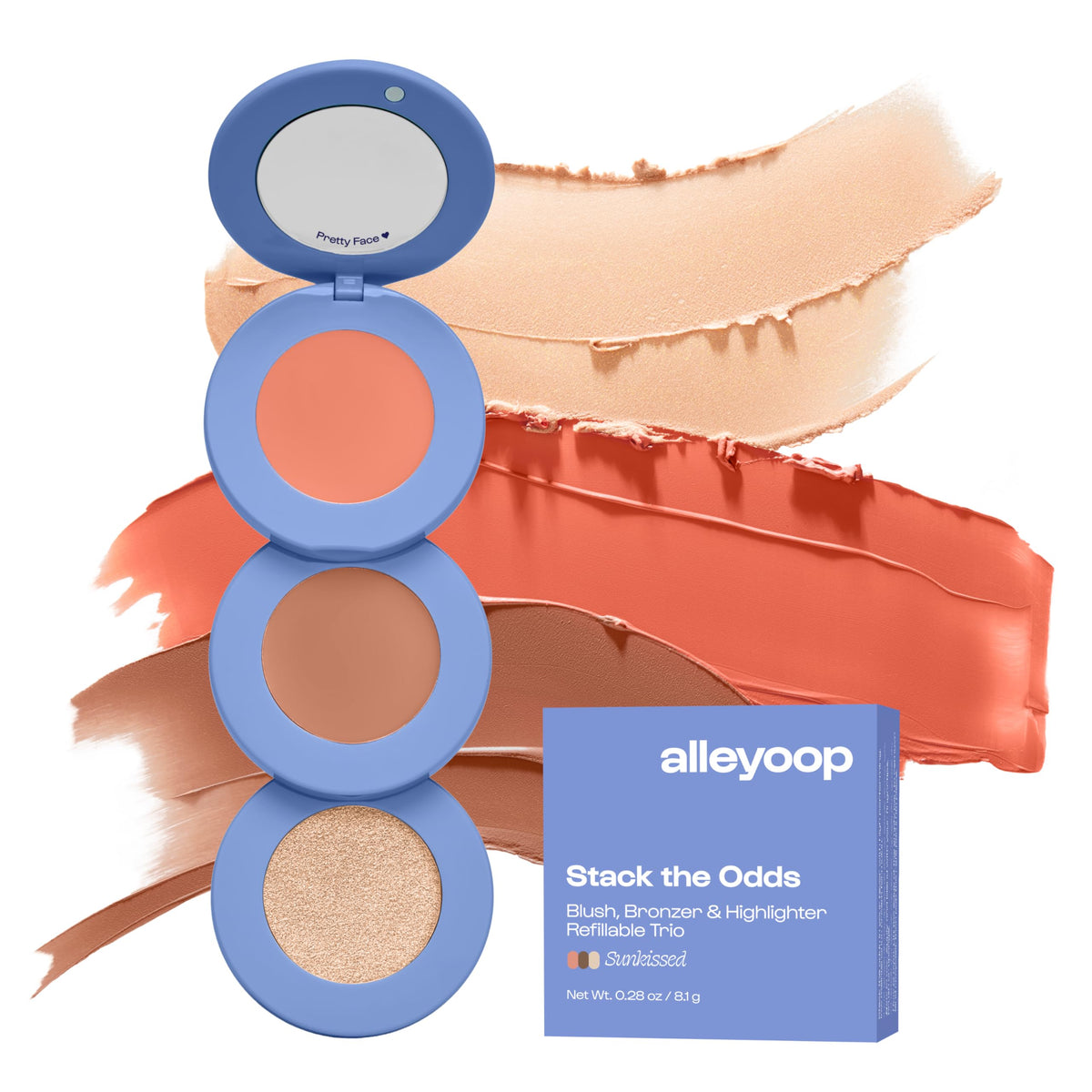 ALLEYOOP front packaging showing compact palette and sunkissed shades, travel-friendly convenience