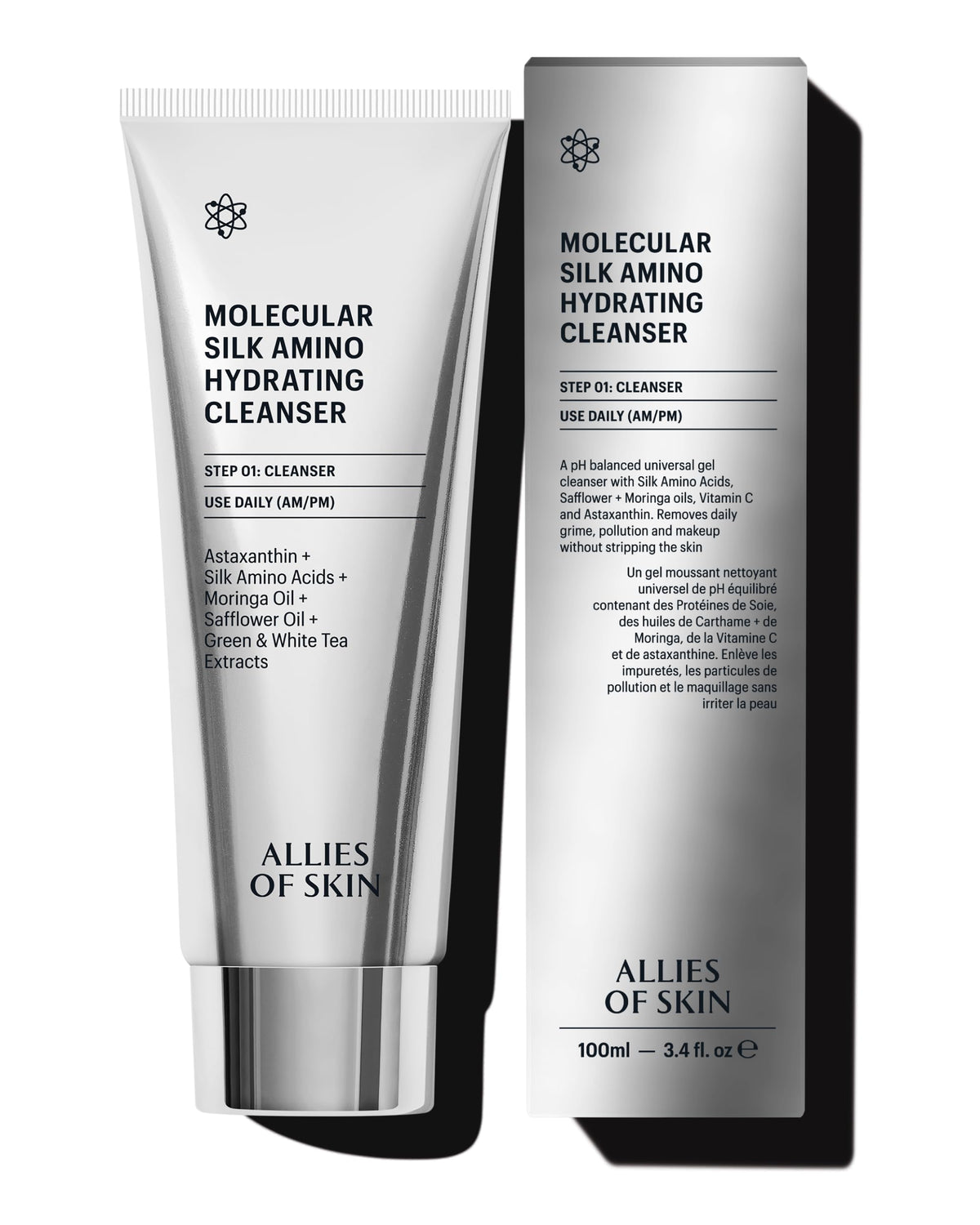 Allies of Skin front packaging showing cleanser and easy pump, conveys gentle daily use