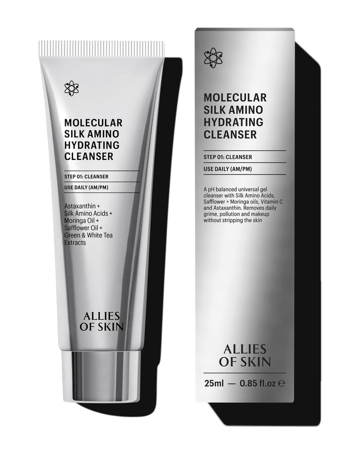 Allies of Skin travel tube front view showing compact size and clean design for easy packing