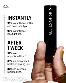 Allies of Skin lip balm applied to hand demonstrating silky non-greasy finish