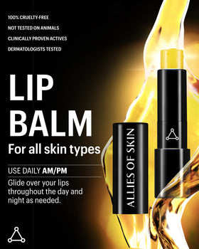 Allies of Skin lip balm on nightstand showing evening repair routine benefit