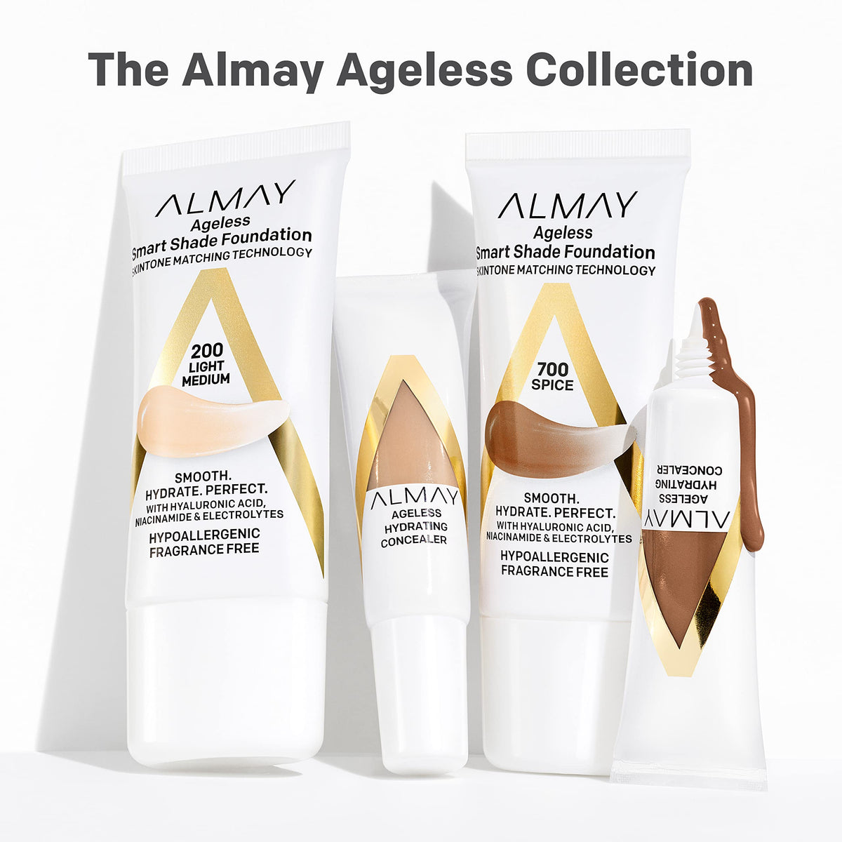 Almay before and after split image showing smoother, even-looking skin benefit