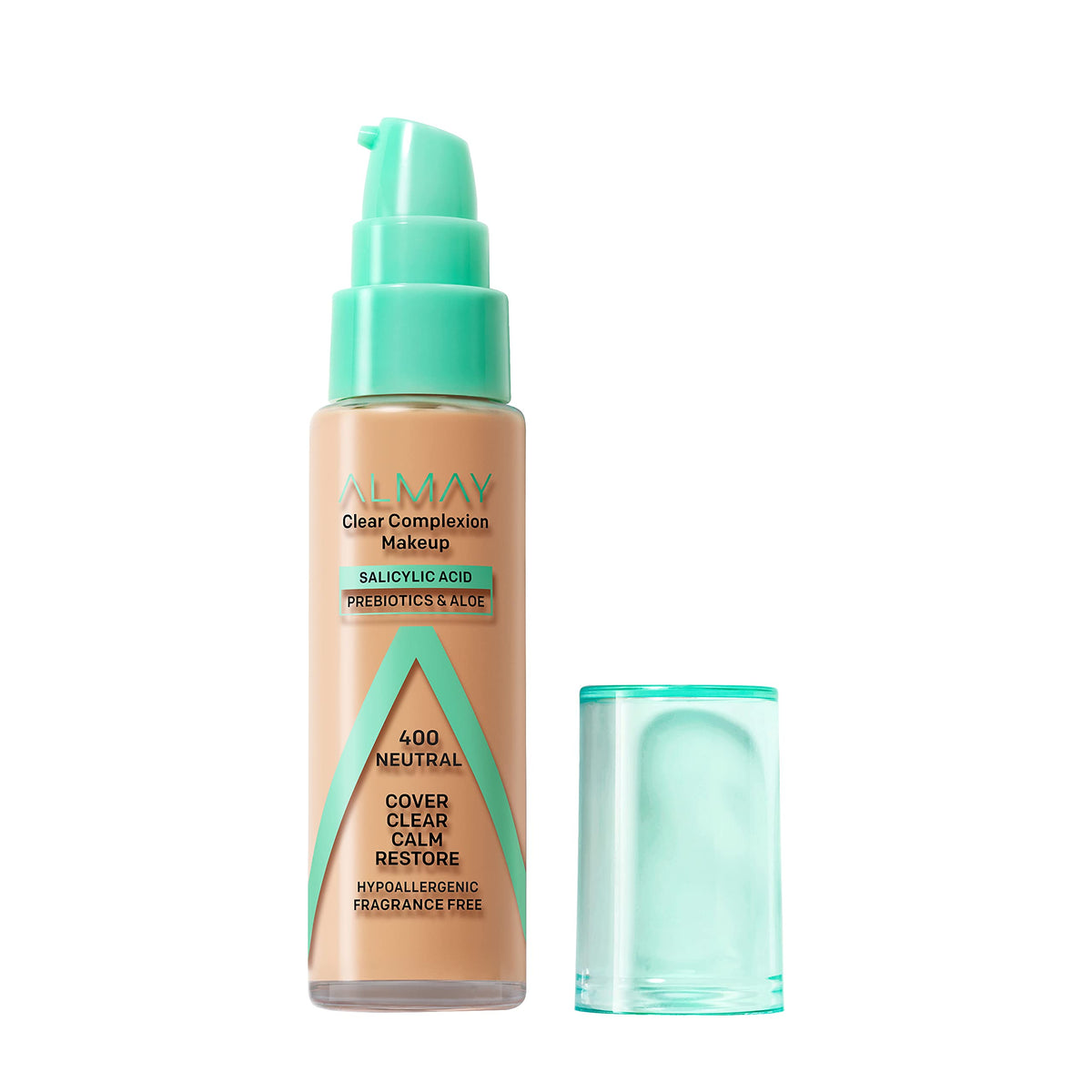 Almay foundation front packaging in shade 400 neutral, clear labeling and benefit