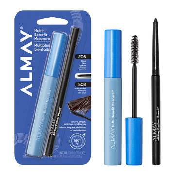 Almay duo front packaging showing mascara and eyeliner, convenient pairing benefit