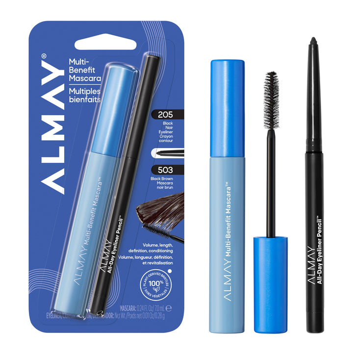 Almay duo front packaging showing mascara and eyeliner, convenient pairing benefit