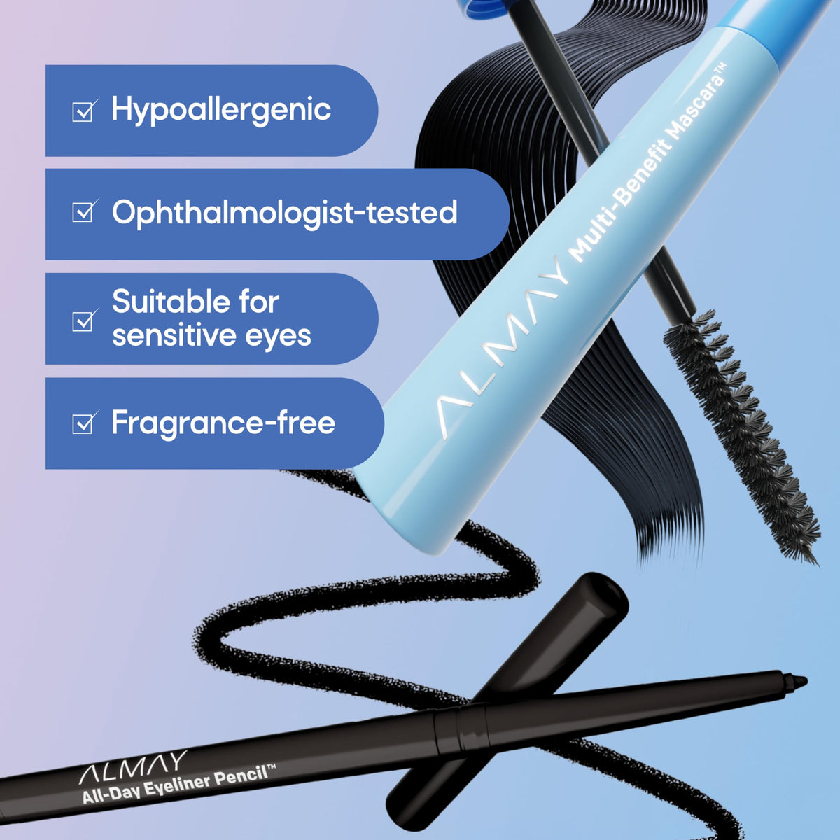 Almay products in use on model applying mascara and eyeliner for everyday look benefit