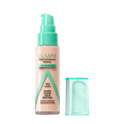 Almay foundation front bottle 100 Ivory shows clean labeling and coverage benefit