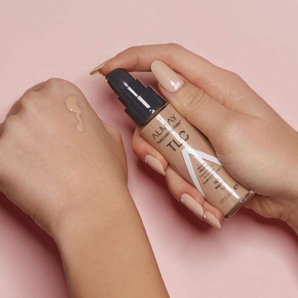 Almay bottle staged with makeup kit showing travel-ready benefit