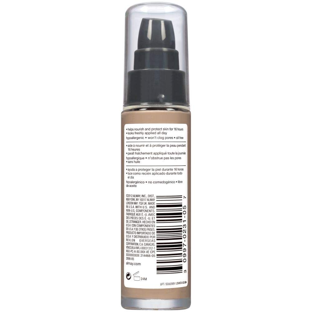 Almay bottle next to coin showing 1 fl oz size benefit