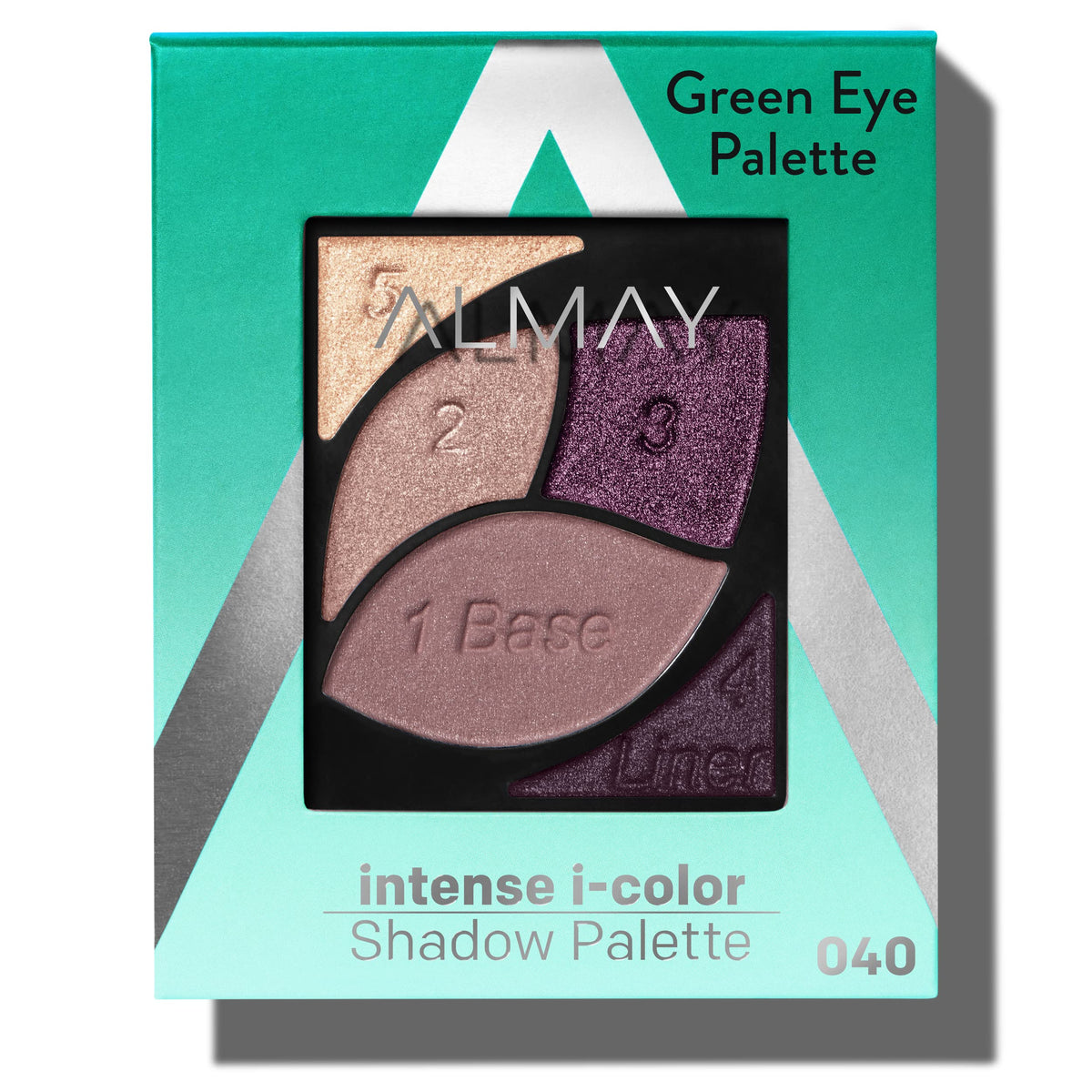 Almay compact front view showing Green Eyes palette and compact design benefit