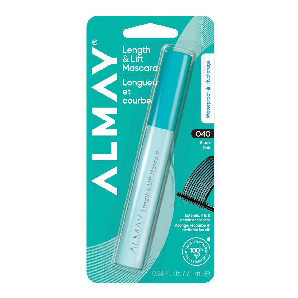 Almay mascara front packaging showing product and shade Black 40 benefits