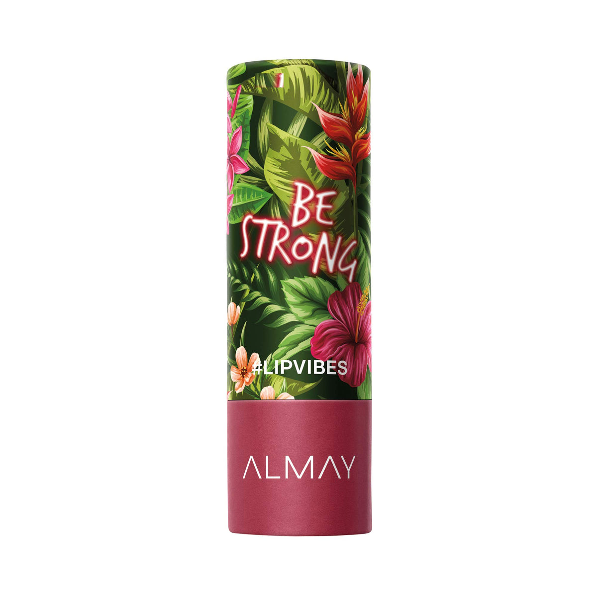 Almay Lip Vibes front packaging showing shade Be Strong and matte finish, clear product ID and benefit