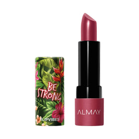Almay Lip Vibes swatch on arm demonstrating Be Strong color payoff and smooth, non-drying finish