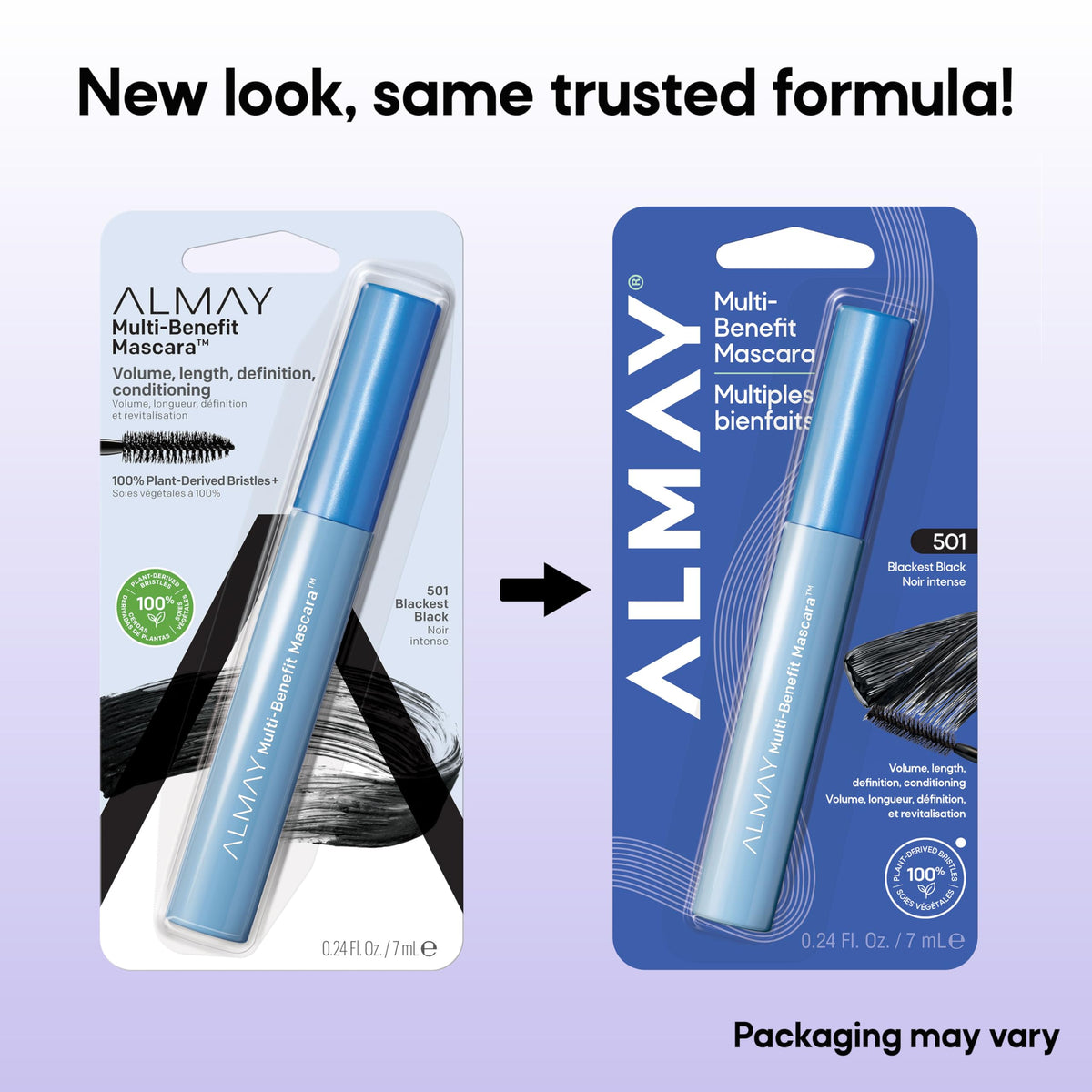 Before and after lashes with Almay mascara showing volume and length