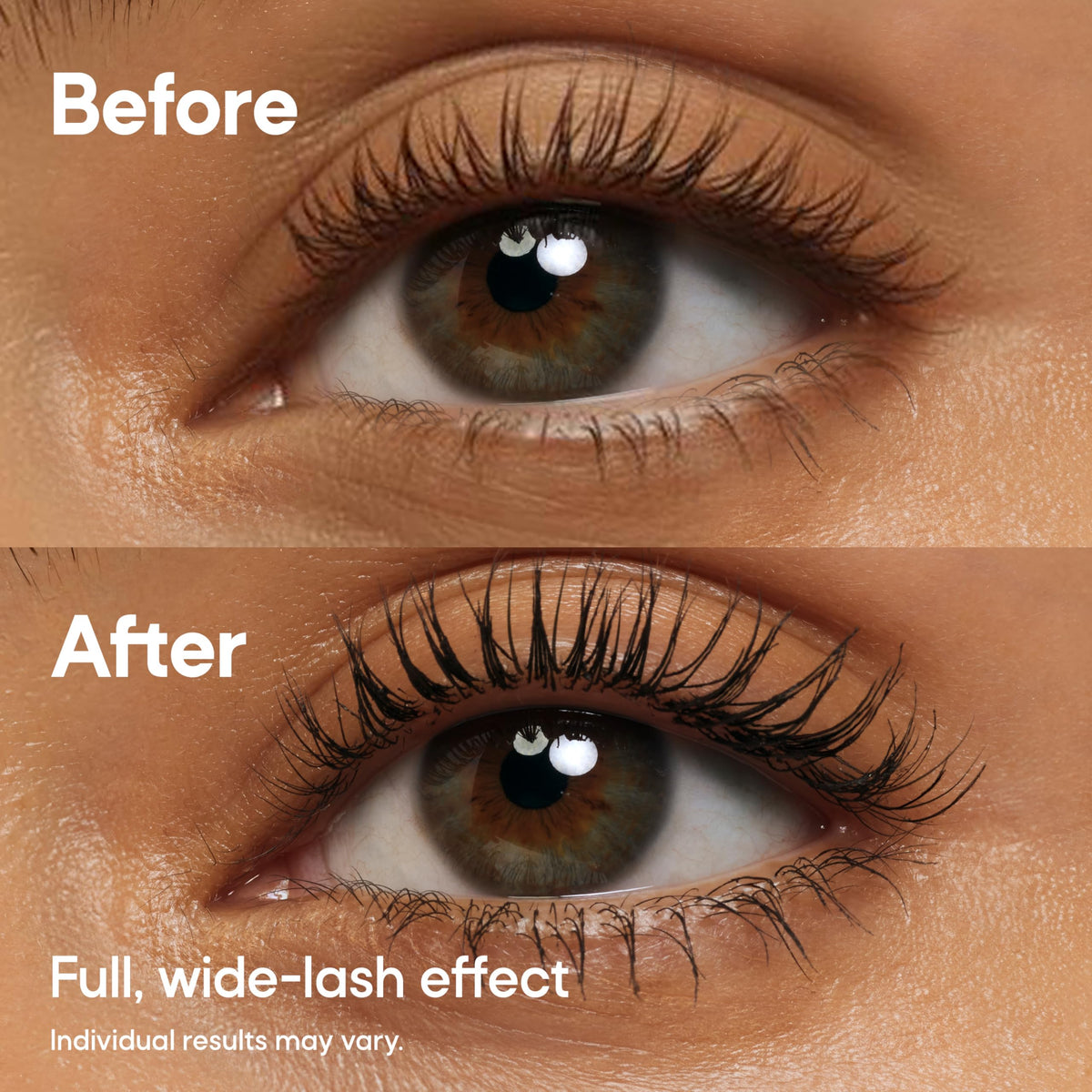 Almay mascara applied to lashes close-up showing fuller lash effect
