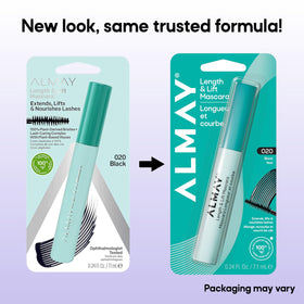 Almay mascara tube with ingredients label highlighting clean formulation